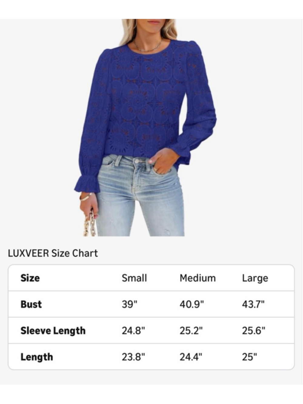 NEW Blue Long Sleeve Eyelet Lace Career Embroidered Blouse M - Picture 3 of 7